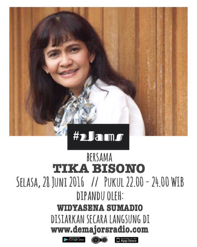 <a href="/tikabisono/">tikabisono</a> di #2Jams @demajorsradio . Simak pencapaian, aktivitas &amp; pemikirannya.
Simak, jam 10 malam nanti
