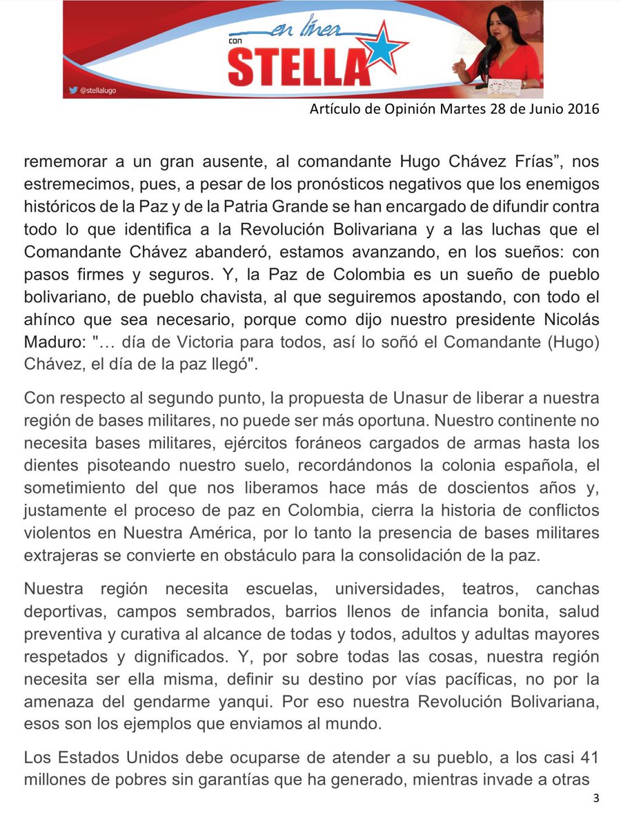 StellaLugo's tweet photo. Artículo de opinión  "Vientos de Paz por América Latina" #DelcyHeroinaPatriota @NicolasMaduro https://t.co/5DZWayCjK0