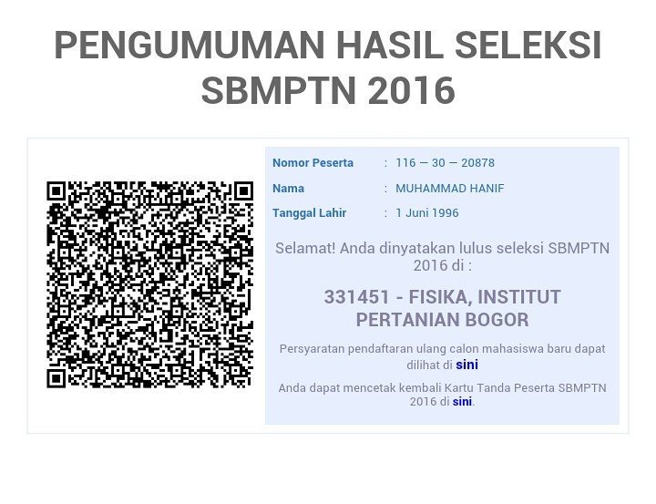 hanifalkauni's tweet photo. Alhamdulillah #lulus #sbmptn2016 #mabaipb https://t.co/sZHEW50ZAW