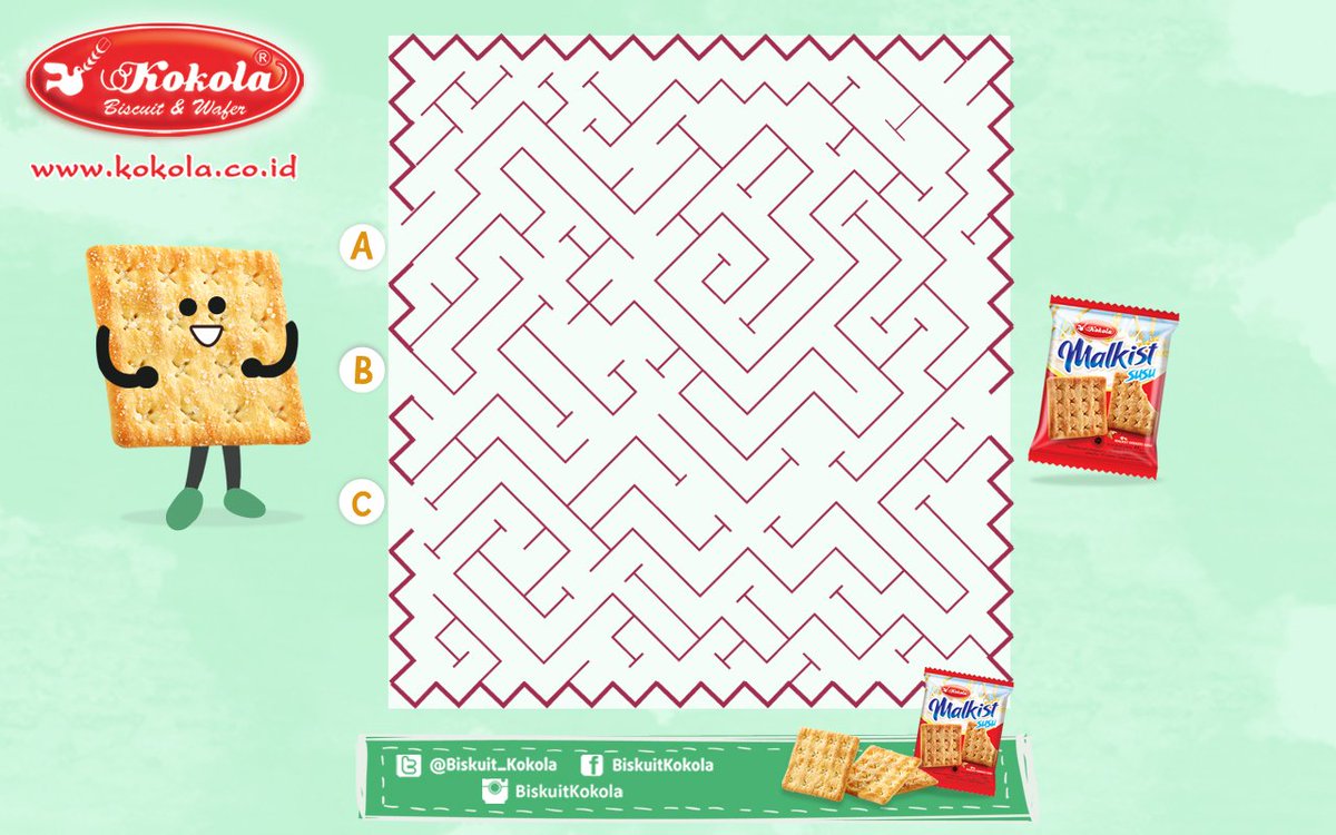 biskuit_kokola's tweet photo. Kuis hari ini adalah #KokolaSelasaCeria
Jalur mana yg ditempuh agar dapat sampai ke Malkist Susu Kokola? A, B atau C https://t.co/LnSBnzUbww