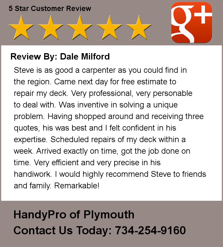HandyPro's tweet photo. Review By: Dale Milford Steve is as good a carpenter as you could find in the region. Came next day for free estimat https://t.co/yvAgSJg4aY