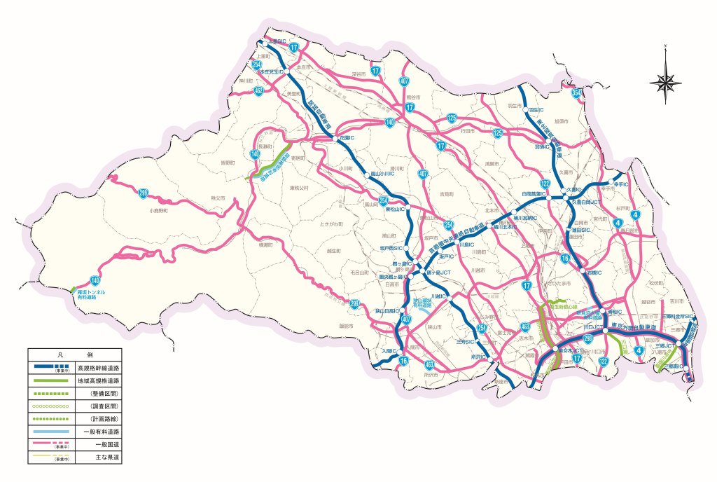 埼玉県道路網図簡易版（平成28年4月 国道17号上尾道路（江川地区）開通