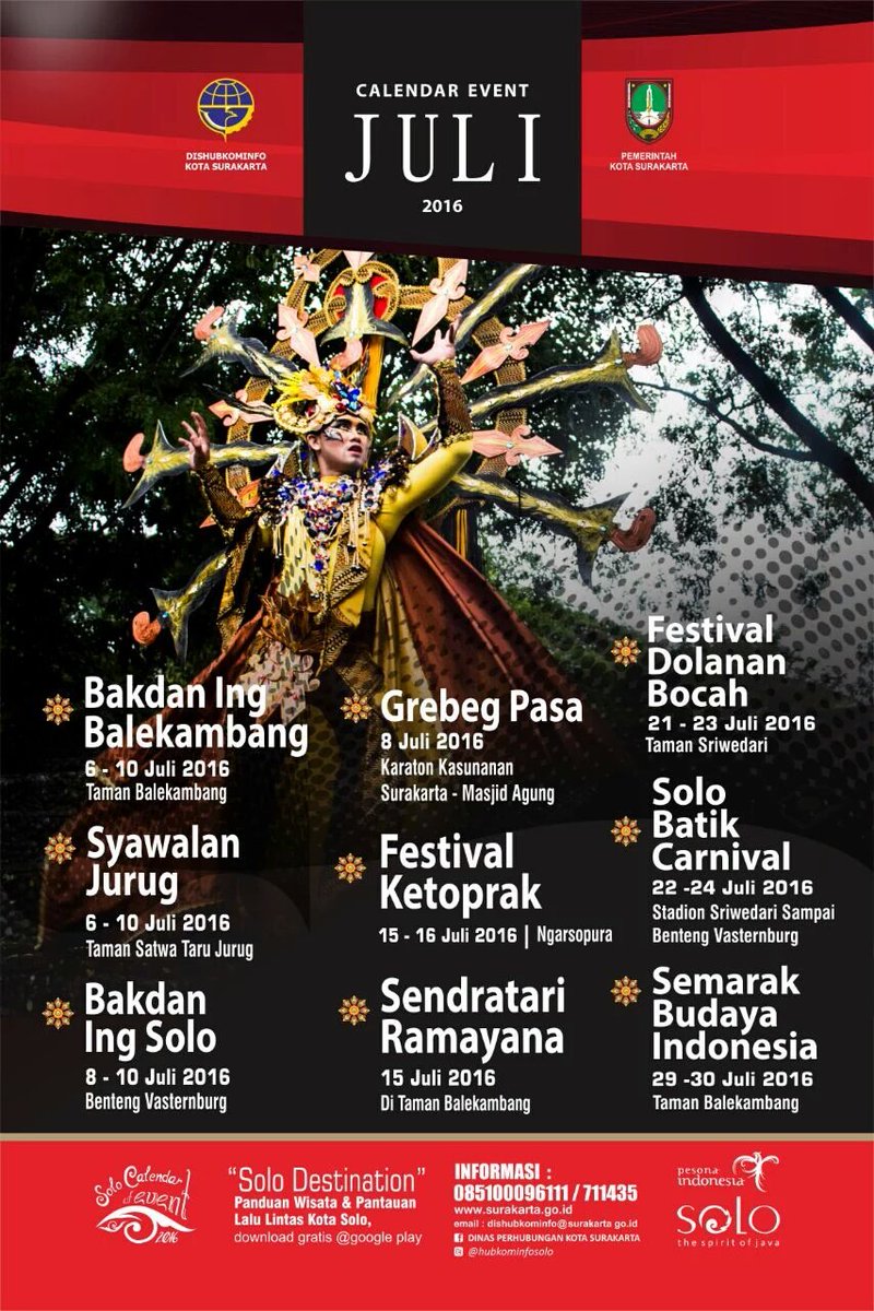 AgendaSOLO's tweet photo. KALENDER EVENT KOTA SOLO JULI 2016: 
Bakdan Ing Balekambang, Grebeg Poso, Festival Kethoprak,Solo Batik Carnival dll https://t.co/aEsrJ70hSe