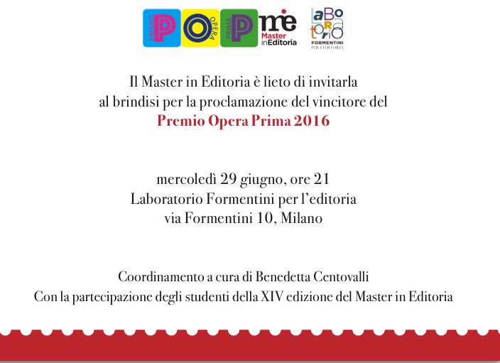 mastereditoria's tweet photo. #SaveTheDate: 29/6, ore 21, al @Formentini10 proclamazione del vincitore del #POP16. Vi aspettiamo! https://t.co/tiP8IcpLVN
