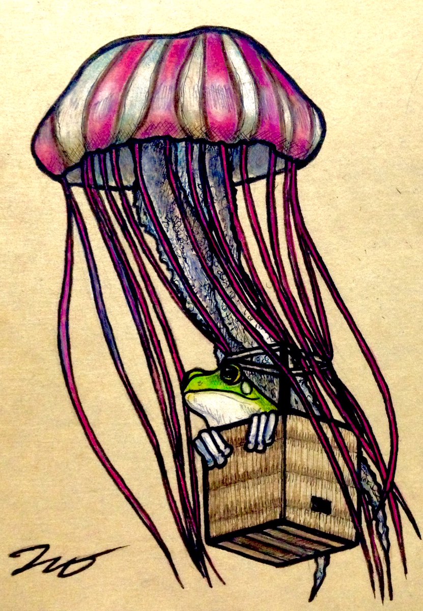 ヒキタ レオ 引田 玲雄 Pa Twitter カエルイラスト より 海月気球でゆらゆらと 何処へ行くのか それは クラゲ くんの気まぐれさ 梅雨だからカエルの画像をあげよう カエル イラスト拡散 イラスト基地 創作の狼煙 イラスト王国 絵描きぽむ