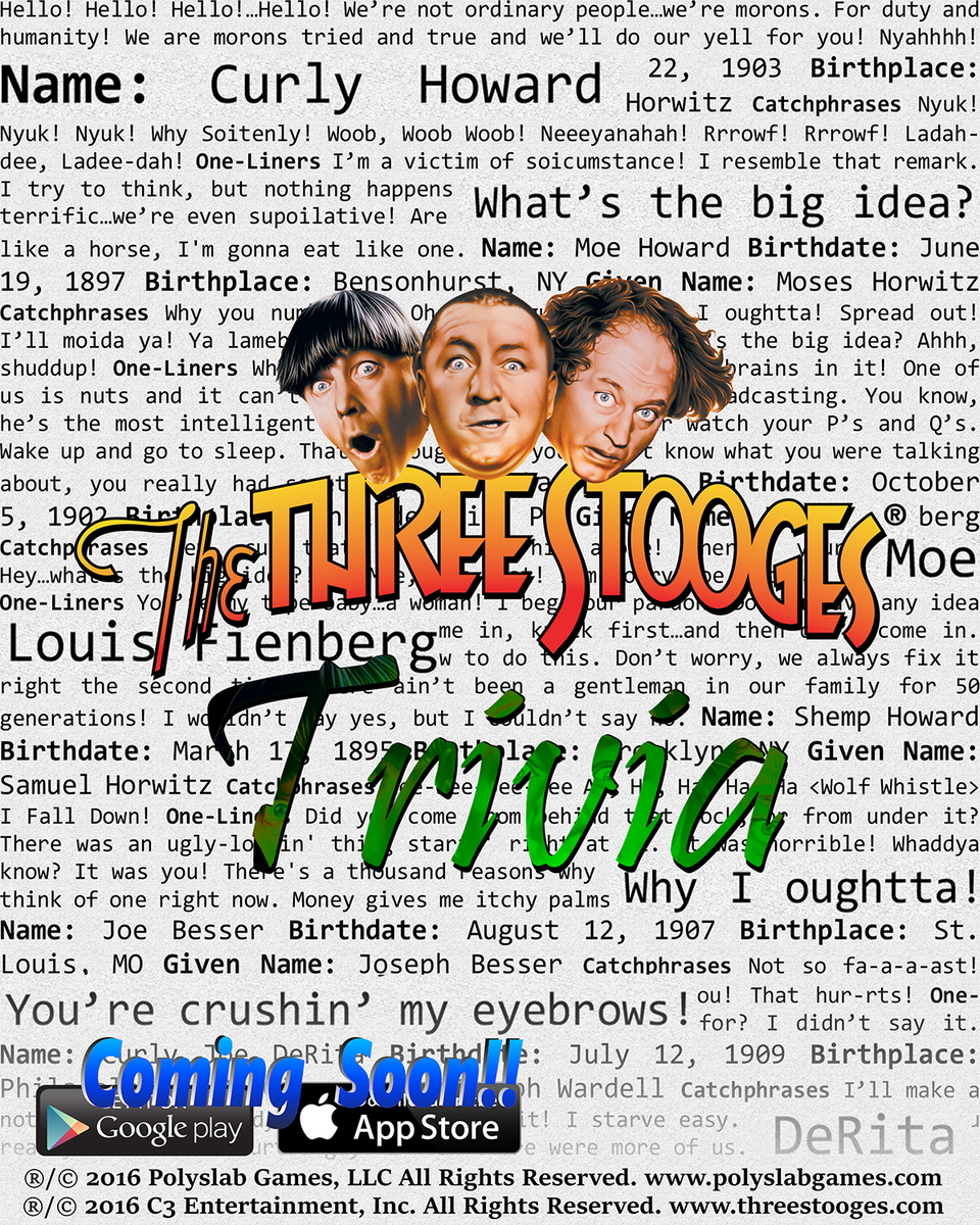 Coming soon! A new #ThreeStooges #Trivia game from @PolyslabGames #ios