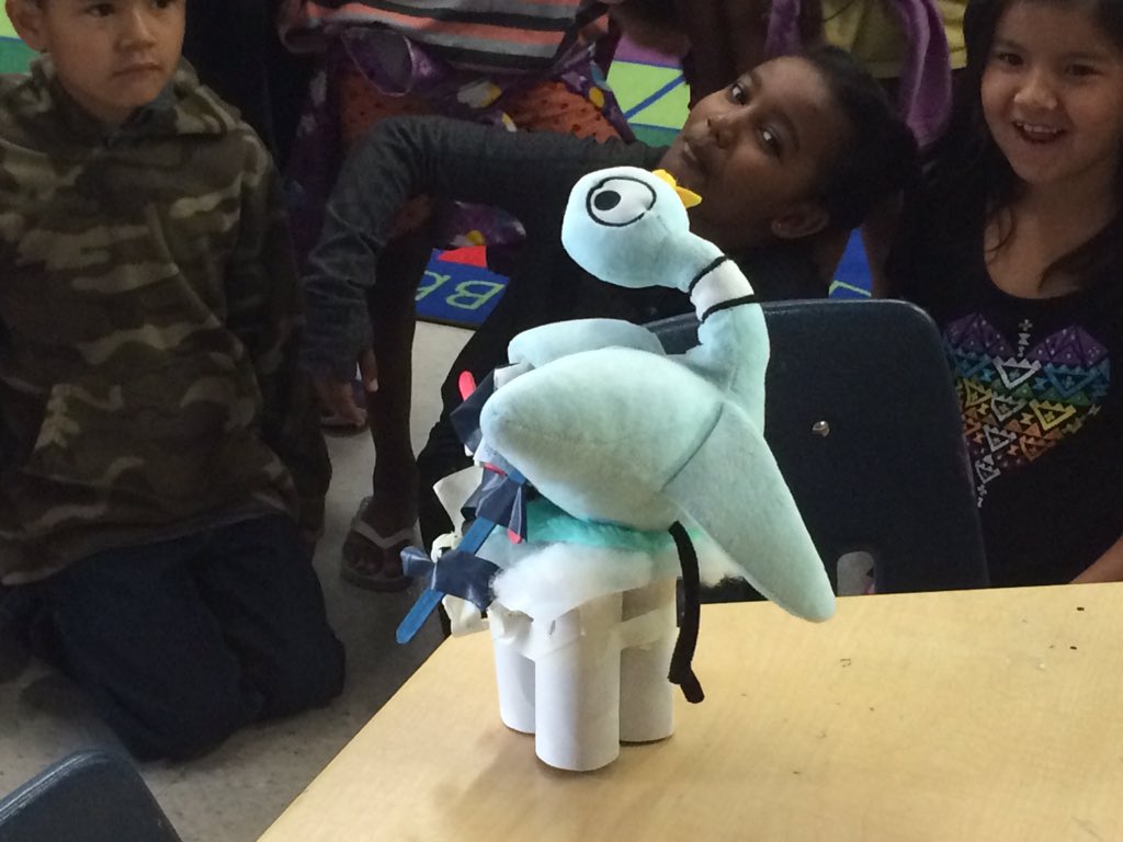 The grade one Ss in room 18 successfully designed comfy chairs for the Pigeon!