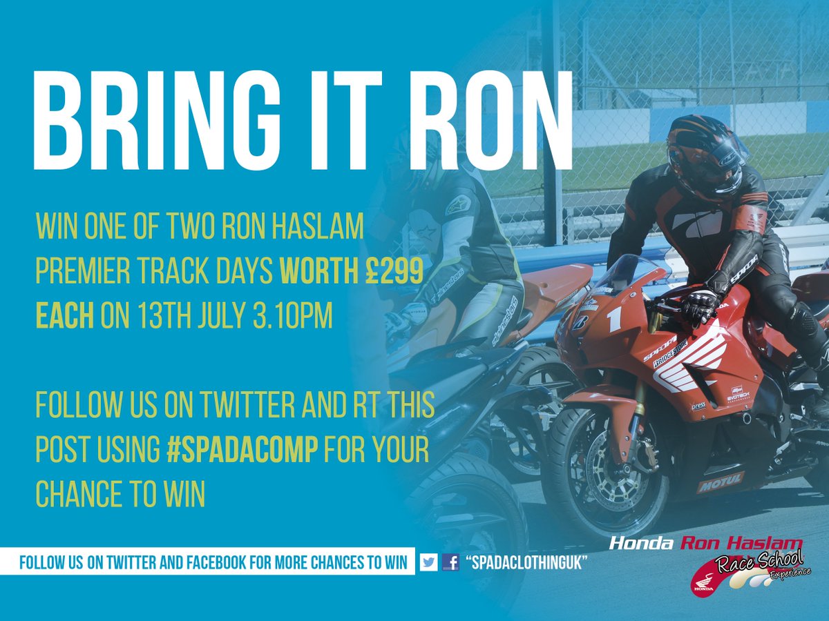 SpadaClothingUK's tweet photo. Bring it Ron! We have 2 more passes to give away for 13/7/16 for the @RonHaslam race school Just RT &amp; use #SpadaComp https://t.co/EF2sfABHWK