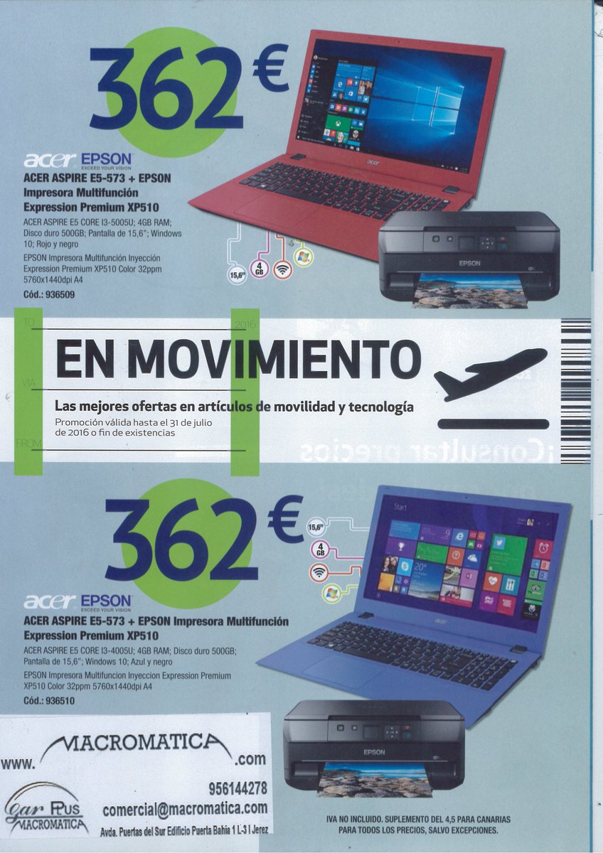 MacromaticaUpi's tweet photo. Nueva oferta|| Portatil acer aspire E5-573 +  EPSON Impresora Multifunción Expression Premium XP510, por solo 362€ https://t.co/TYQdnz9LY5