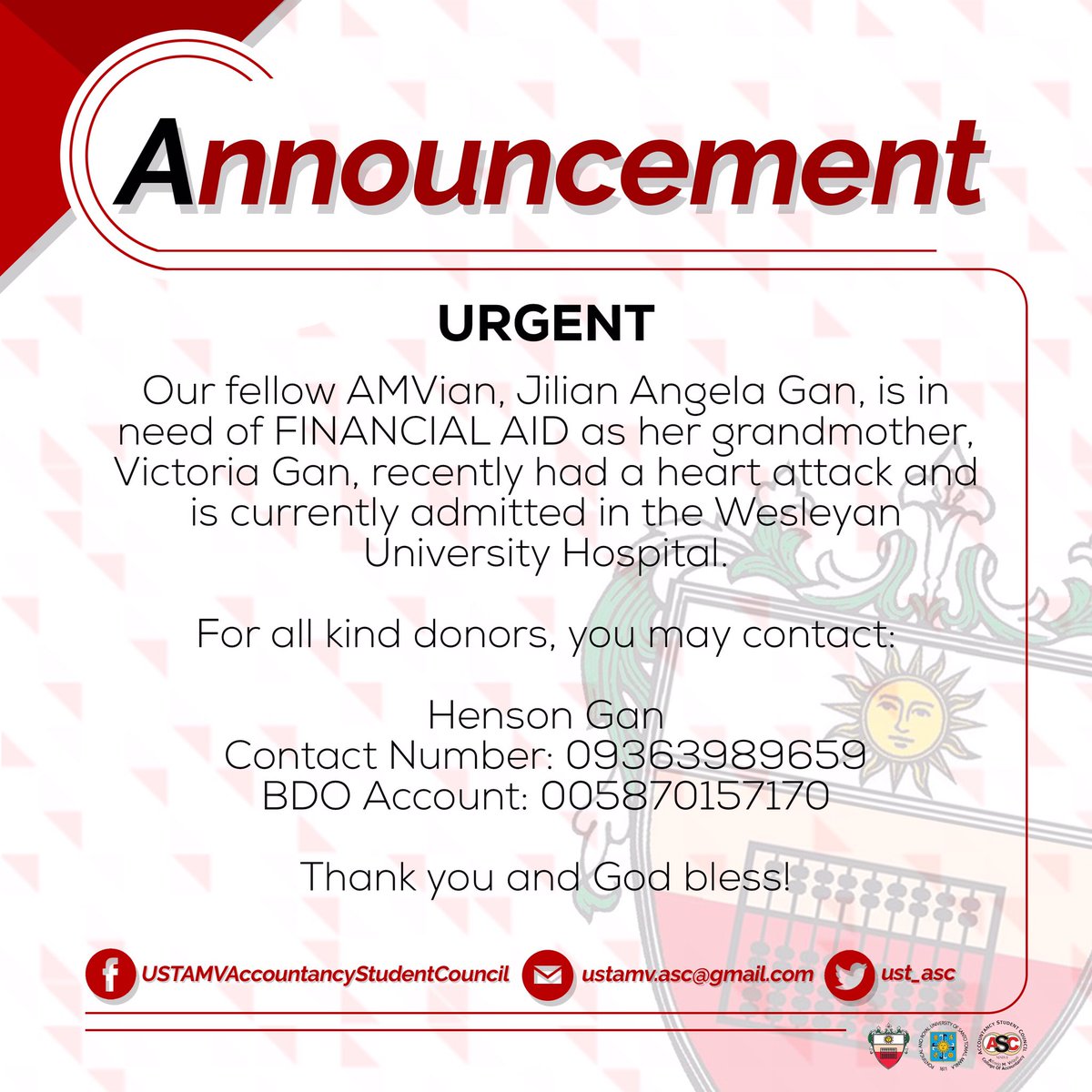 UST_ASC's tweet photo. ASC ADVISORY
Our fellow AMVian, Jilian Gan, is in need of Financial Aid. More details below: https://t.co/WZdT4ckGzg