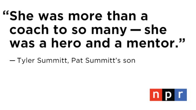 NPR's tweet photo. Pat Summitt died surrounded by loved ones at a senior living facility in Knoxville, Tenn. https://t.co/Z1XhDDBv1B https://t.co/B4ZdGRHhAj