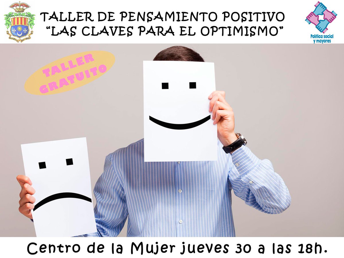 AytoArchena's tweet photo. Taller pensamiento positivo "Las claves para el #optimismo" en #Archena Centro Cívico de la Mujer. Hoy a las 18h😀 https://t.co/vITcYbXTr7
