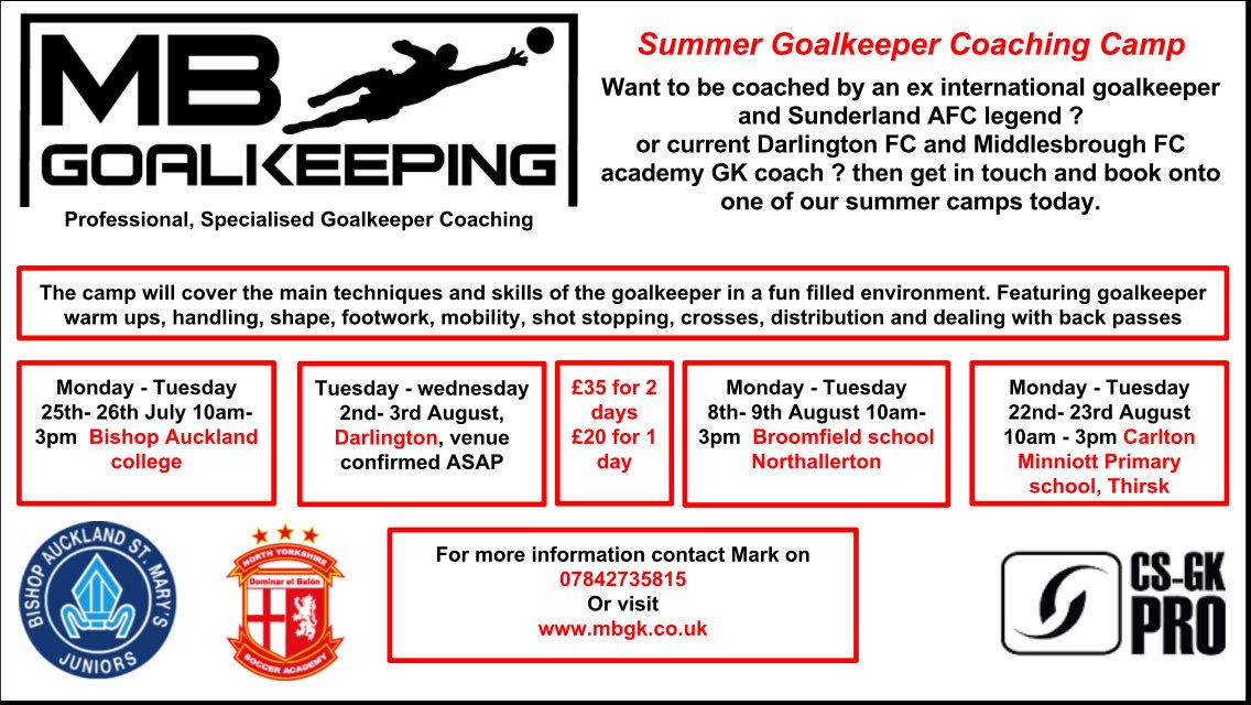 mb_goalkeeping's tweet photo. @SkiptonJFC hi. We are running Goalkeeper coaching camps in your area this summer. All welcome https://t.co/xyLczWJ1dQ