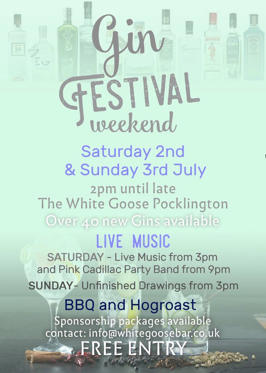 Gin Festival Weekend FREE ENTRY 

Saturday 2nd and Sunday 3rd 

#ginfestival #livemusic #thewhitegoose #pocklington