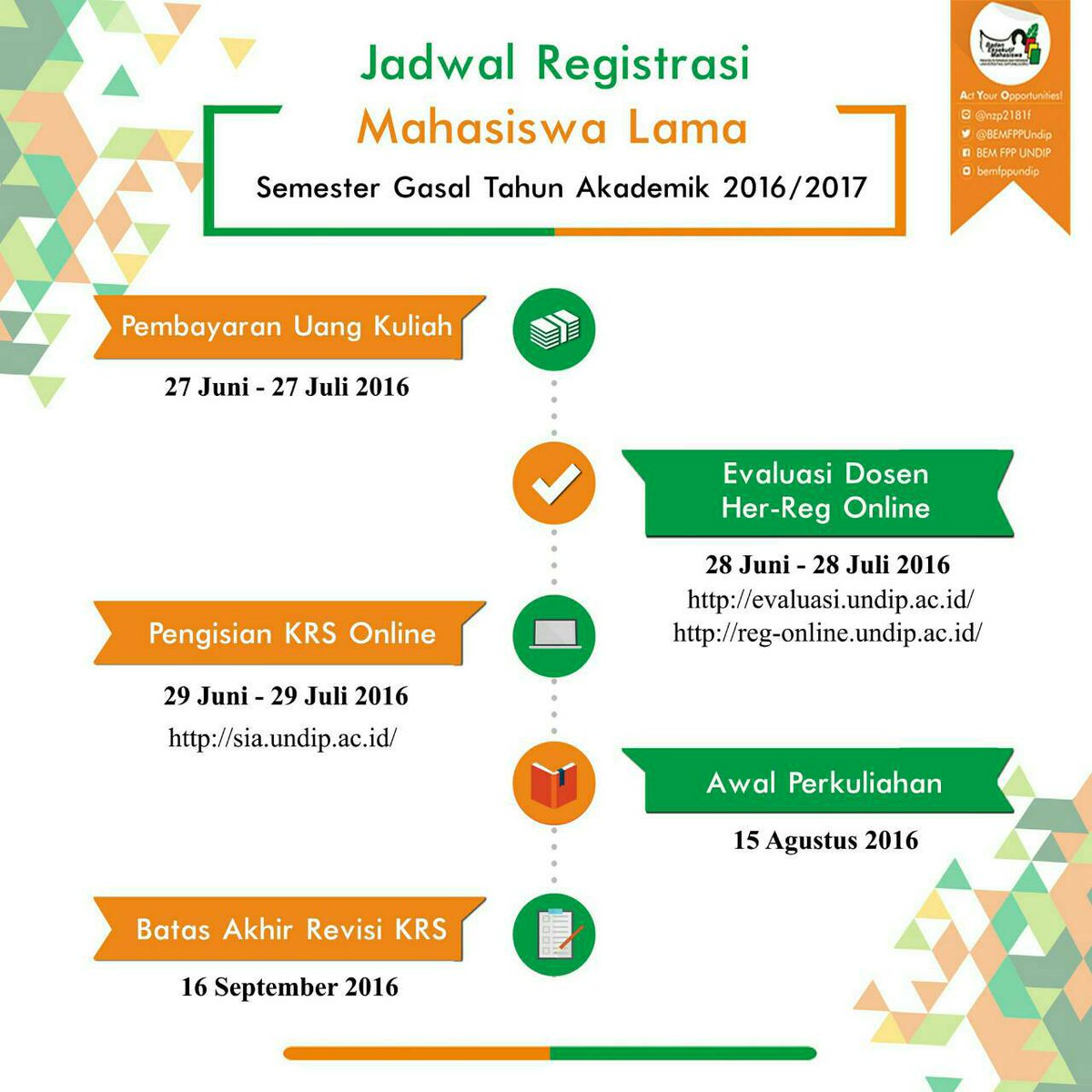Bagi kalian Mahasiswa Lama yuk cek Jadwal Registrasi Administratif.
Jangan sampai kelewatan ya :)
