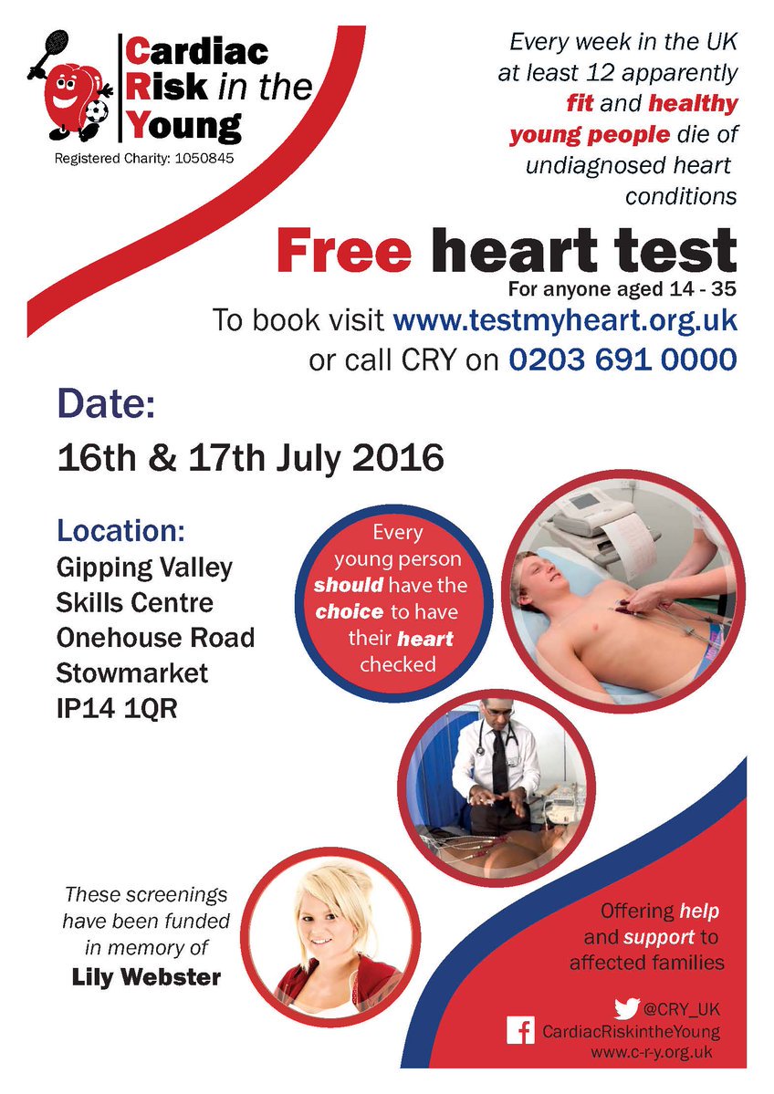 suffolkcarers's tweet photo. Cardiac Risk in the Young are carrying out FREE heart tests for anyone 14-35 in July https://t.co/5g4fuz4NbS