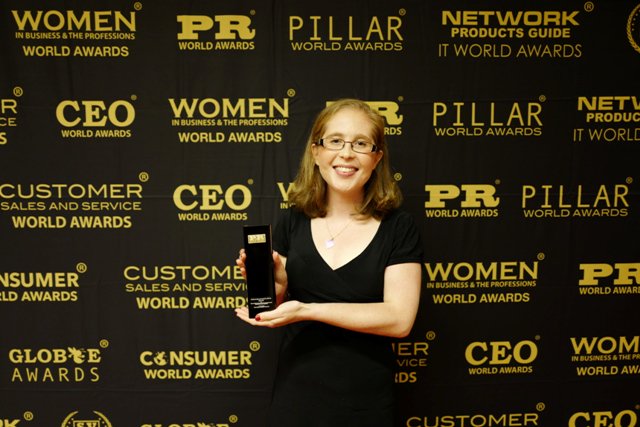PughTillerPR's tweet photo. Weiss's @amydenisesmith accepting a Gold #PRWorldAwards via @svusawards for our #mediarelations work w/ @cybraryIT https://t.co/e58sgl0Vek