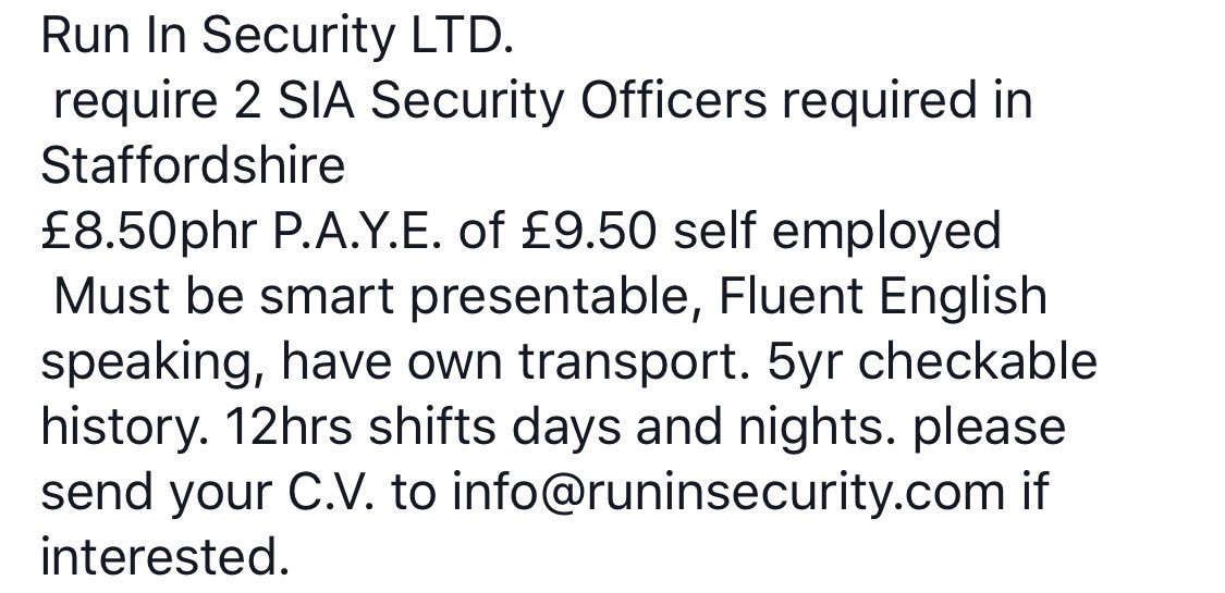 RuninSecurity's tweet image. #SIA #Security Officers #Staffordshire £8.50phr #PAYE or £9.50 #SelfEmployed #C.V. to info@runinsecurity.com