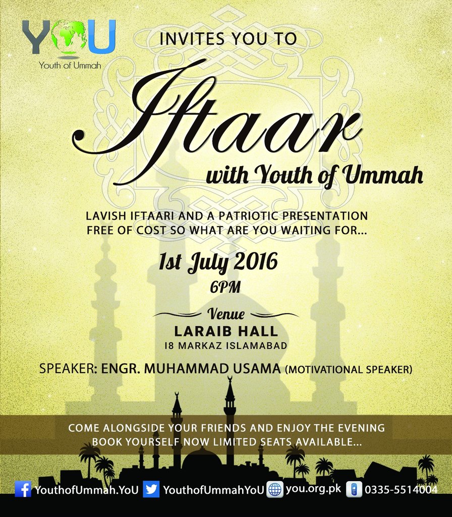 YouthofUmmahYoU's tweet photo. This Friday don't forget to attend the Youth of Ummah annual iftaar party at Islamabad!
#YouthofUmmah #IsbChapter https://t.co/VuYSDVCCeg