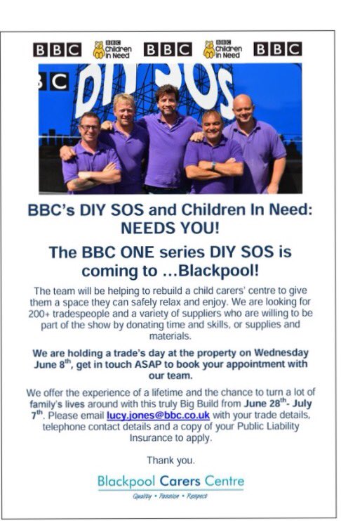 @Blackpoolextra absolutely honoured &amp; excited to be a part of this worthy community project with DIY SOS! #bigbuild