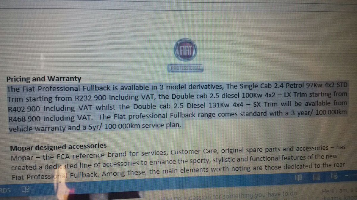 CarsSouthAfrica's tweet photo. #fiatfullbacksa official pricing! https://t.co/up44HstxHu