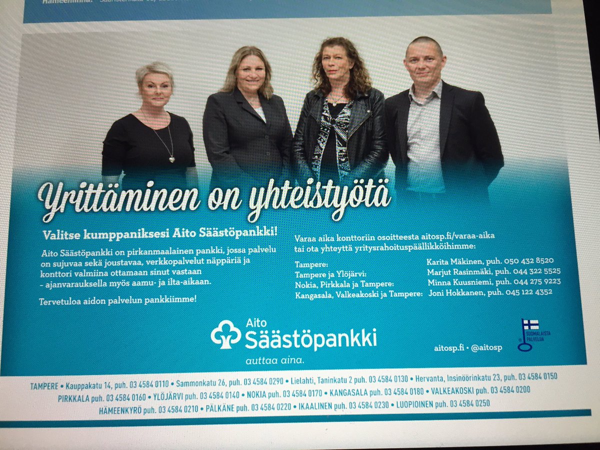 JaniEenola's tweet photo. Tuoreet @Saastopankki 'laiset yritysrahoituspäälliköt palveluksessanne @suomenyrittajat #yrittäjä @aitosp #Tampere https://t.co/JcQGQfFTPr