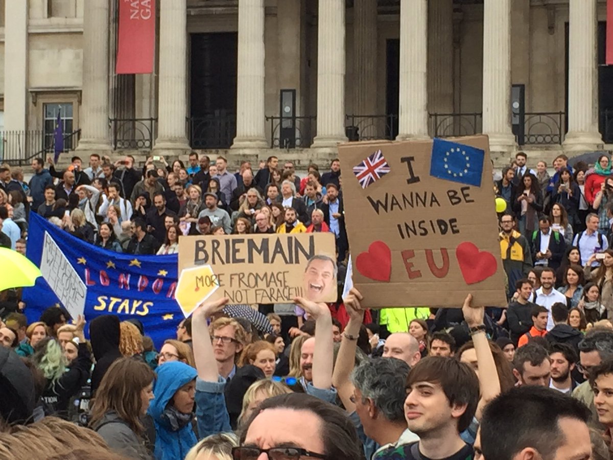 josephwillits's tweet photo. Lots of rain & umbrellas, but the people came to Trafalgar Square this eve to protest #Brexit #EURefResults #EUStay https://t.co/WkaZHtWb1a