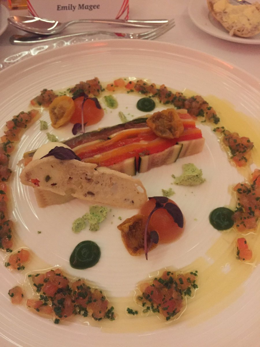 eventsmagee's tweet photo. #PwCAwards now we're onto the best bit! Mozzarella &amp; veg terrine with tomato jelly &amp; basil powder https://t.co/QFTwCxvQhM
