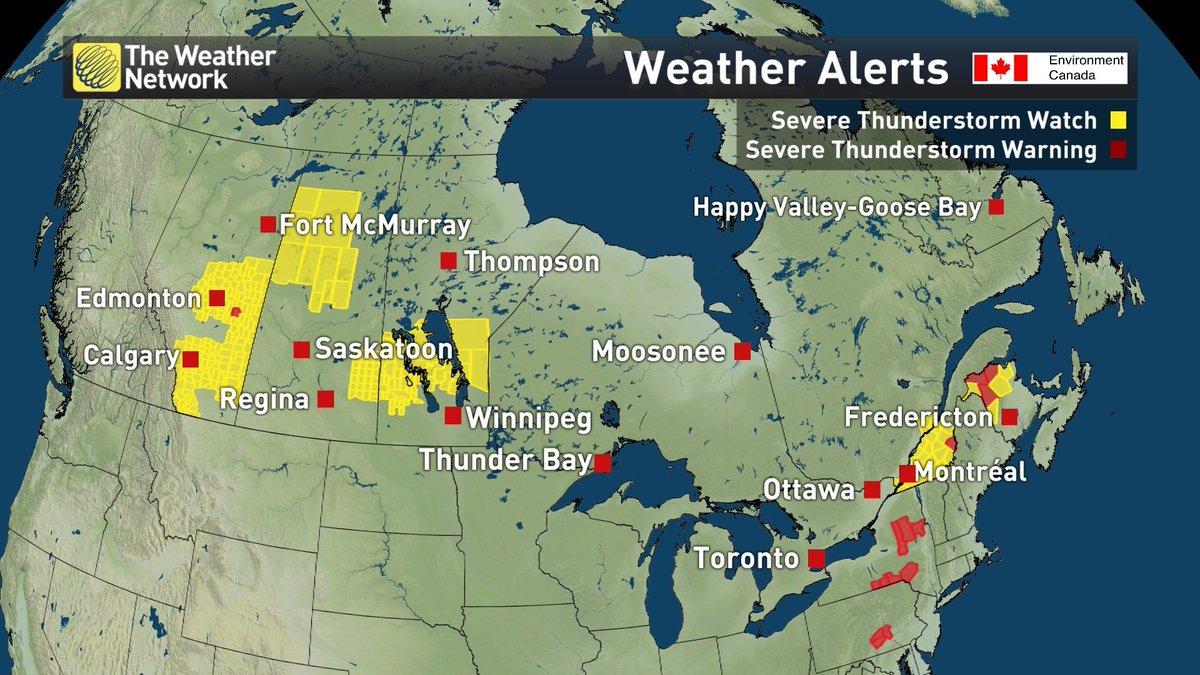 Severe Thunderstorm WATCHES &amp; WARNINGS currently in #AB, #SK, #MB, #QC and #NB TUNE IN to our ongoing coverage on TV