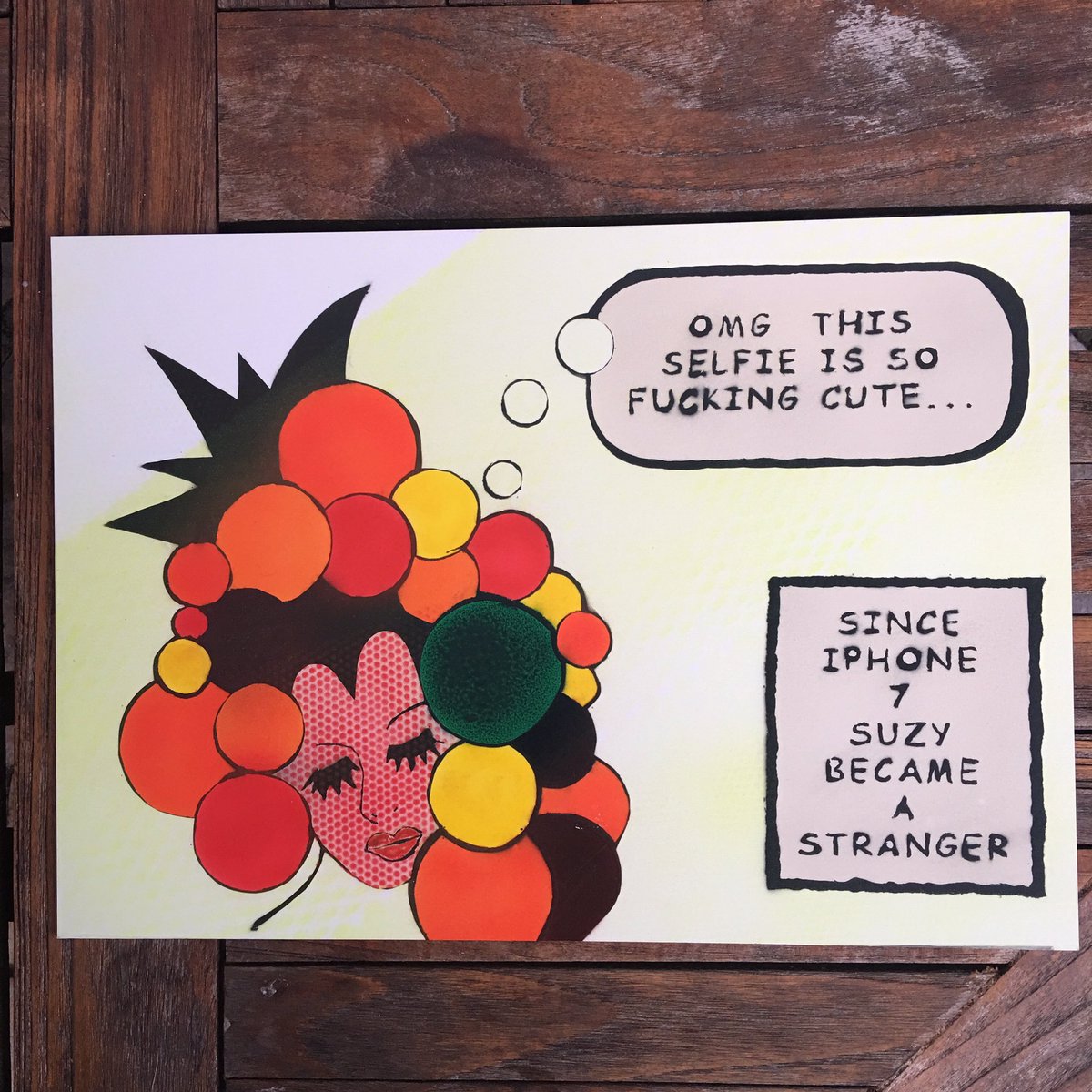 MicArt63's tweet photo. Study for Comic Airbrushs: 'Suzys selfie', 2016, 30x42cm #iphone7  #selfie #stranger https://t.co/nIMhJuKD6c