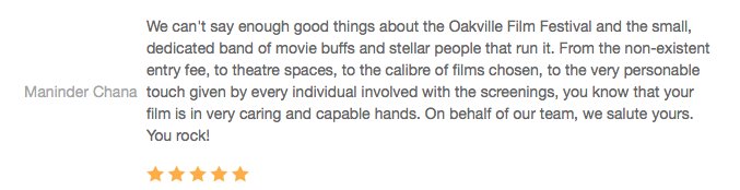WillsonInt's tweet photo. Great feedback re #oakville #film festival.  #offa2016 #Scratch was a huge hit! @dragonbornfilms Thanks Maninder! https://t.co/v8fyYlX5kQ