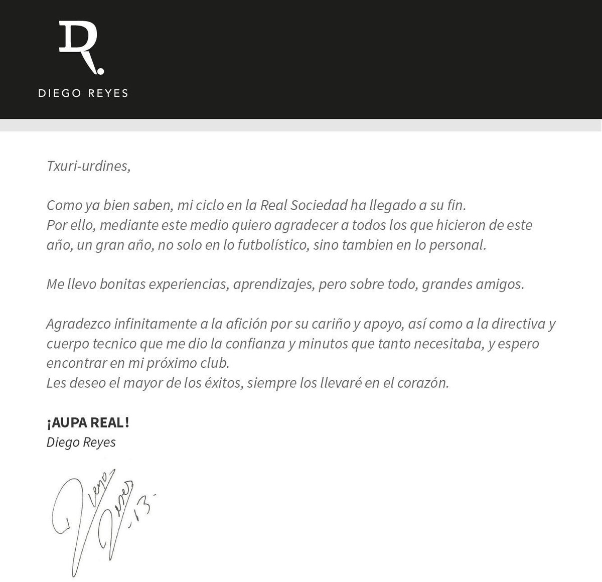 DiegoReyes's tweet photo. Mucho éxito, siempre agradecido con la afición que me hizo sentir como en casa @RealSociedad https://t.co/y33FPwa5xh