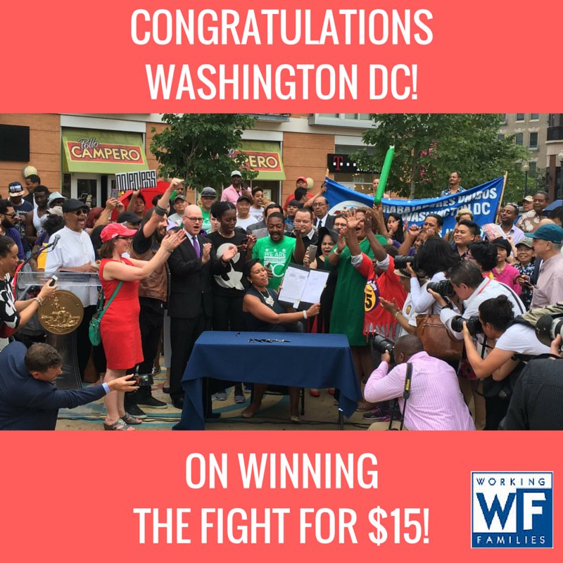 DCWFP's tweet photo. We won! Thanks to you & the 60k+ Washingtonians who signed our petitions, our #FightFor15 was a success! #DCFor15 https://t.co/hAlD7mJWhR