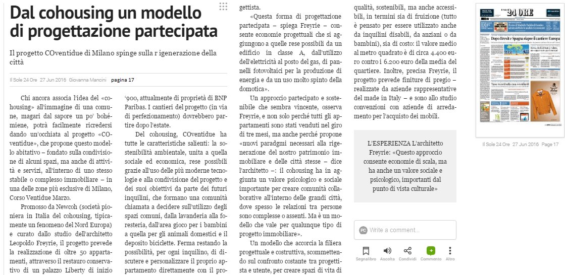 <a href="/COhousing_it/">COhousing.it</a> Il Sole 24 Ore Dal #Cohousing un modello di progettazione partecipata. Progetto #COventidue a #Milano