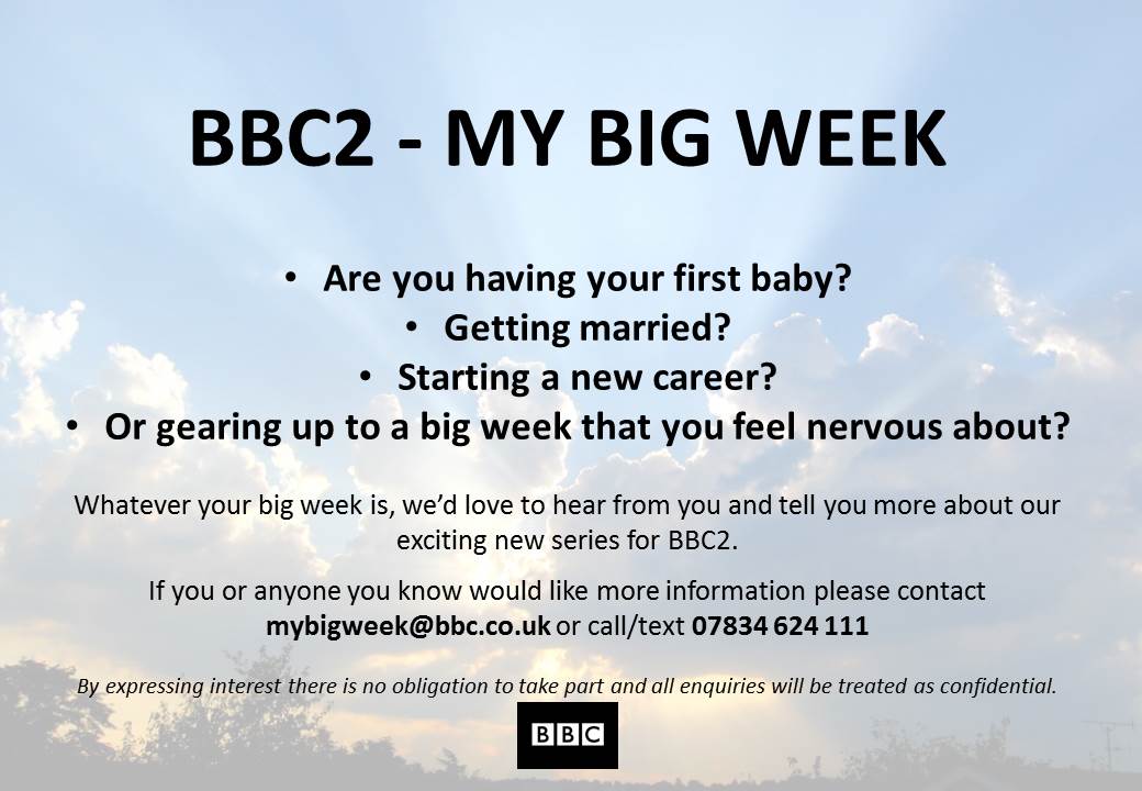 <a href="/CastingUKTV/">Casting UK TV</a> Hey, can you pls RT? Looking for people who have a life-changing week coming up for new BBC2 series.