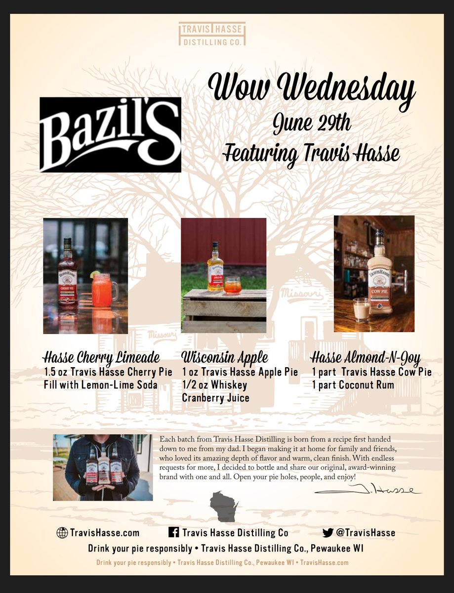BazilsPub's tweet photo. #WowWednesday tomorrow! Free samples from 5 to 7pm with @travishasse! @downtowncool #bazio https://t.co/XyK8o0BSlz