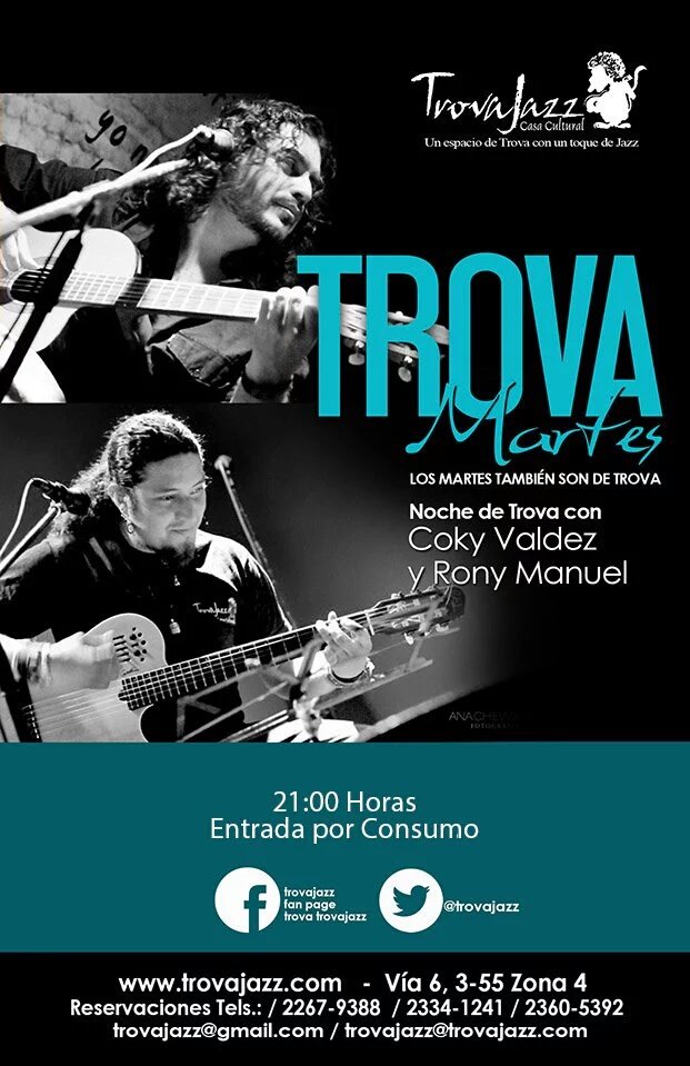 Hoy en <a href="/trovajazz/">Trovajazz</a>
¡No te perdas una Noche de Trova! 
con Coki Valdez y Rony Manuel
Porque es #TrovaMartes
21:00hrs