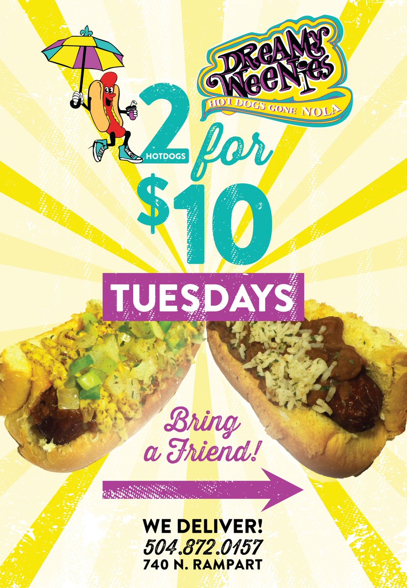 Today is Tuesday, so it's 2 for $10. Come thru, have a dog and bring a friend!
#dreamyweenies #hotdogs #goneNOLA