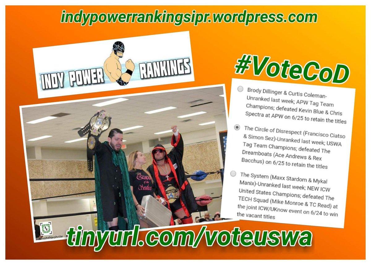 USWAJax's tweet photo. #VoteCoD in this weeks @IndyPowerRankin top tag team poll! Polls close at 10 pm #VoteUSWA https://t.co/8DtUKPnjH5 https://t.co/o2lTxatmY3