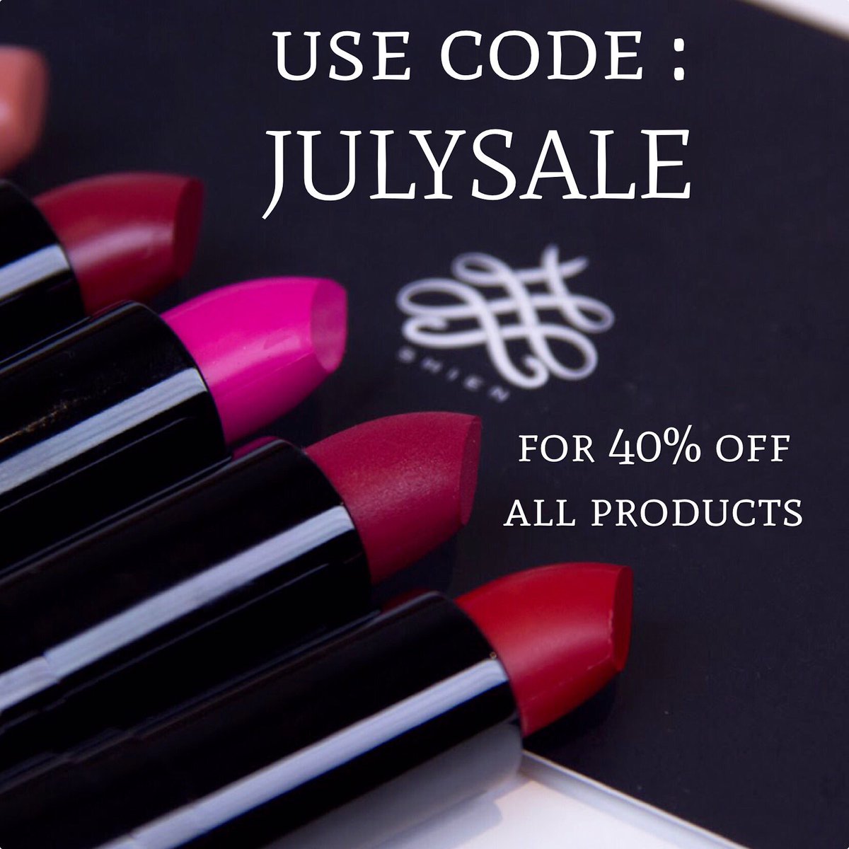 ShienCosmetics's tweet photo. Now through July 4th, use code JULYSALE for 40% off all products! #lipstick #discountcode #lips #lippies #makeup https://t.co/LkvL0ONSQc