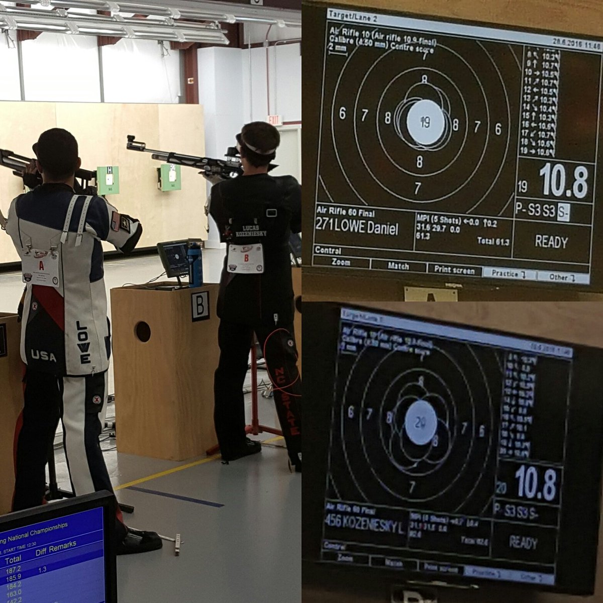 USAShooting's tweet photo. Incredible ending to Men's Air Rifle Finals! Now onto Men's Junior Air Pistol Final! #USASNC16 #SIMOS https://t.co/eUh73Um8Yg
