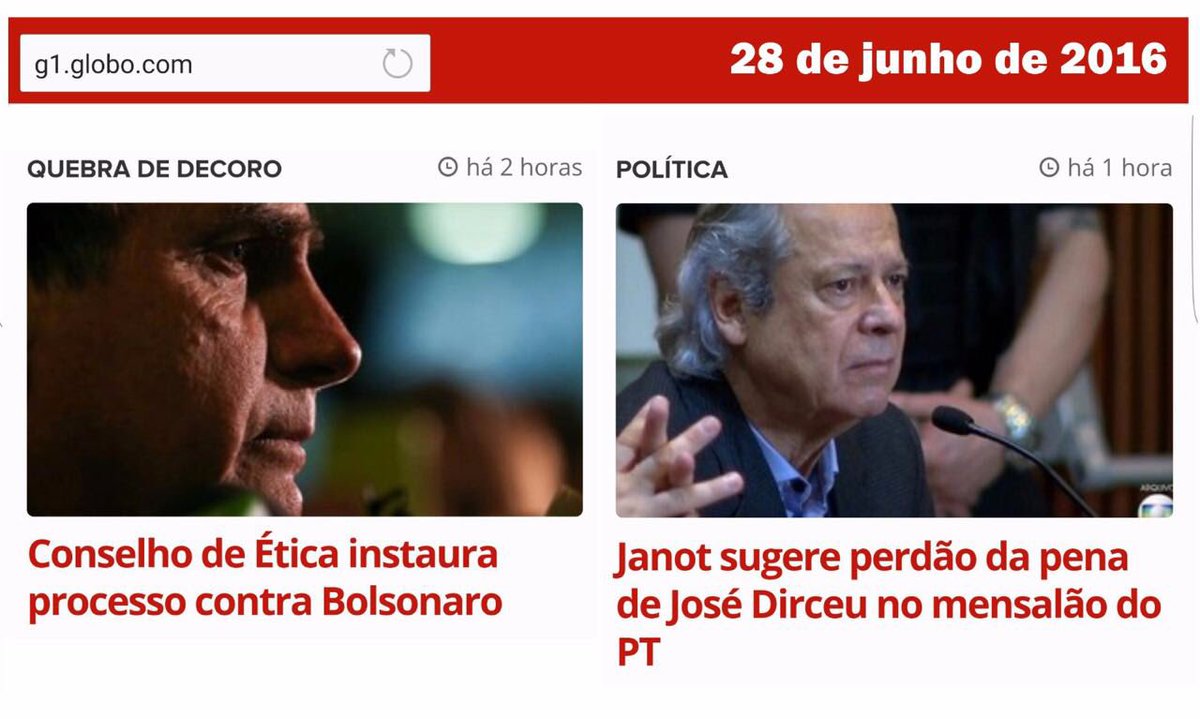 jairbolsonaro's tweet image. G1: Conselho de Ética instaura processo contra Bolsonaro / Janot sugere perdão da pena de Dirceu no mensalão do PT: