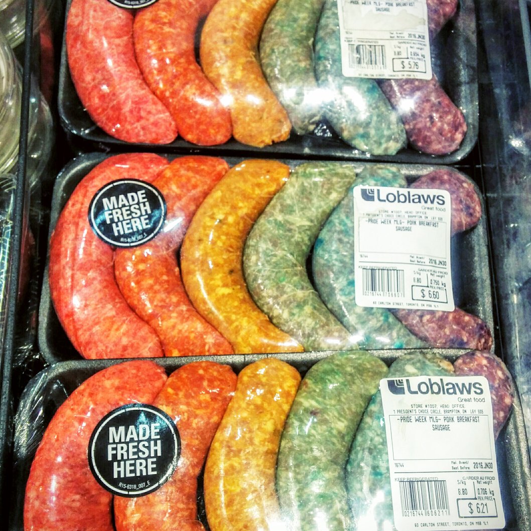 dpchurch's tweet image. @LoblawsCarlton may have jumped the shark with these Pride Colours sausages.