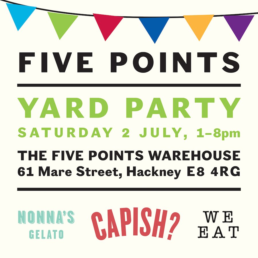 FivePointsBrew's tweet photo. Our next Yard Party is Saturday! We'll see you at our Warehouse on Mare St from 1pm for @Capishfood, brews + more. https://t.co/qvJ3yw4dtZ