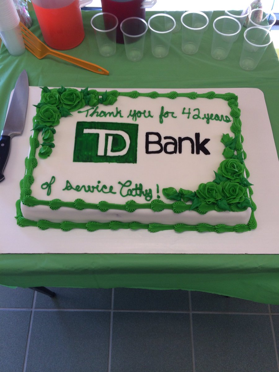 TDTeamBrandon's tweet photo. Cathy Afflecks retirement cake! Lobby party w/ customers! 🍰🎈🎉 #unbLEIvable #retirement #42yrs https://t.co/QJCBWDrt4Z