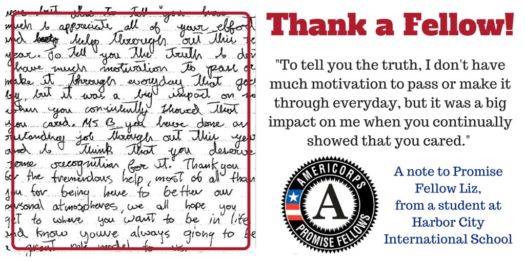 MNYouth's tweet photo. #PromiseFellow Thank You  to Liz  from a student at Harbor City International School in Duluth @AmericasPromise https://t.co/aniBVfMoLT
