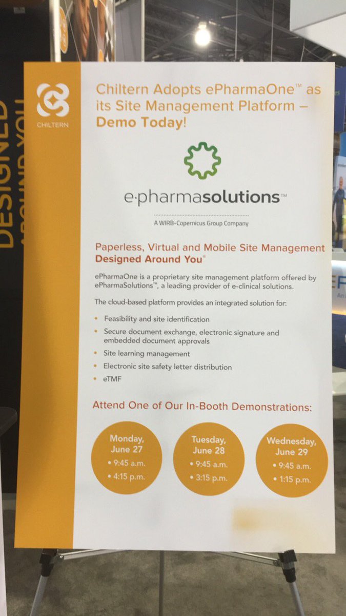 ePharmaSolution's tweet photo. Stop by the @Chiltern_CRO booth at 3:15 to see a demo of the ePharmaOne platform #DIA2016 https://t.co/ox88J9vg7L
