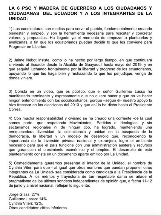 jaimenebotsaadi's tweet photo. LA 6 PSC Y MDG A LOS CIUDADANOS  DEL ECUADOR Y A LOS INTEGRANTES DE LA UNIDAD SOBRE LAS CANDIDATURAS: https://t.co/7CorTklj4v