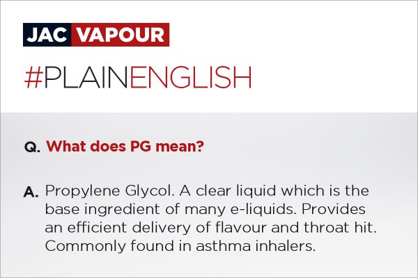 Jacvapour's tweet photo. New to #vaping? What does PG (Propylene Glycol) mean? #plainenglish #vapeterms https://t.co/IfswmtQSOw
