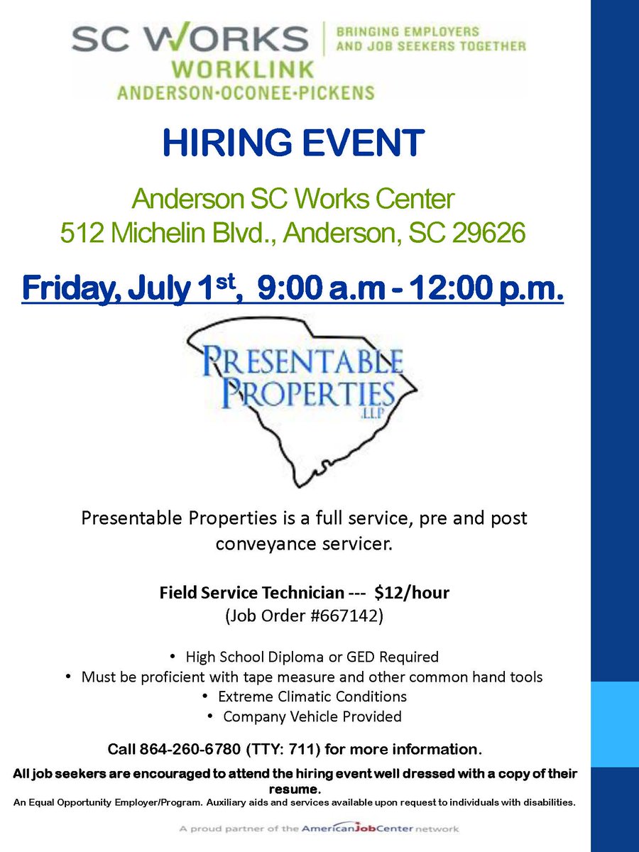 SCWorksWorkLink's tweet photo. Hiring Event on Friday, July 1 from 9am-12pm at our Anderson SC Works Center. #SCWorksAOP #getemjobs https://t.co/KwdCJOoX1G